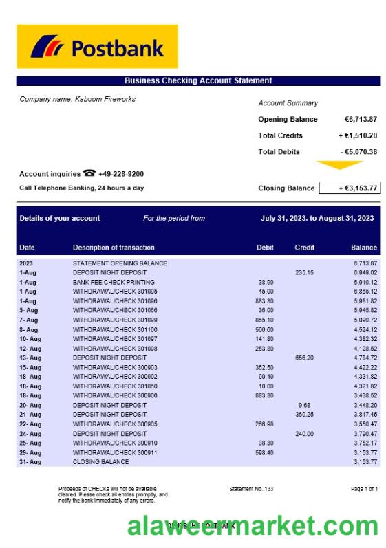 Deutsche Postbank corporate checking account statement Word and PDF template